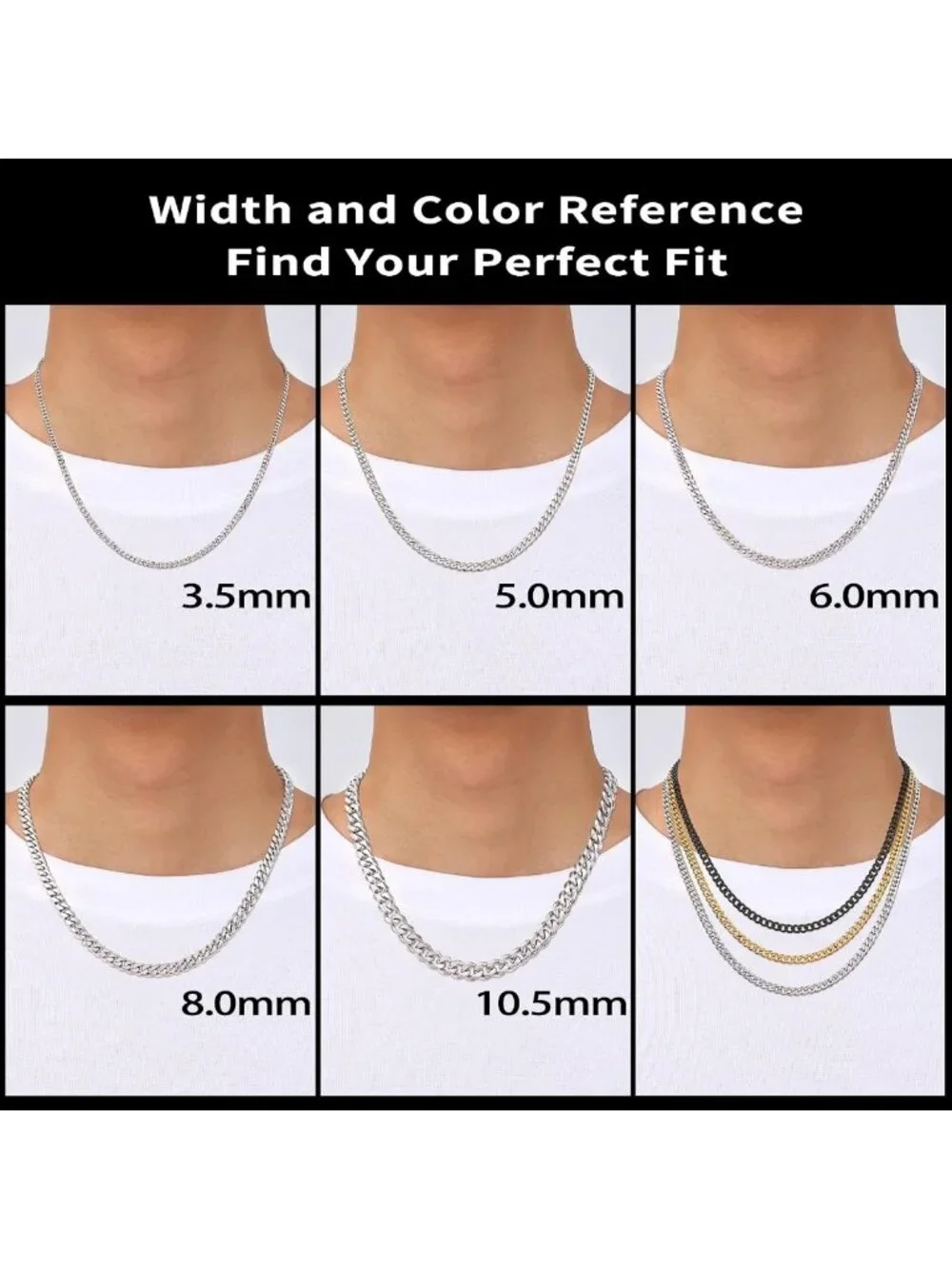 Men's 3.5mm Cuban Link Chain Necklace - Silver, Black & Gold Plated, 16-28 Inch